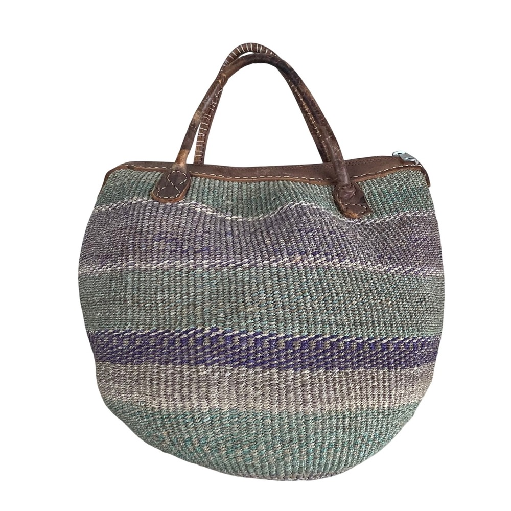 Handwoven Sisal Leather Striped Kiondo Tote Bag Green Purple Earthy Boho